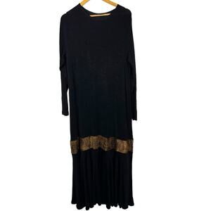 AHNI Black Long Maxi Dress Faux Fur Panel Animal Print Stretch Size 3 Large Art